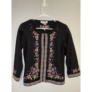 Vintage Jack B. Quick Size PS Black Embroidered Flowers Sweater Sequin Beads